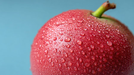 A vibrant close-up of a fresh red apple, adorned with water droplets, showcases its smooth texture and appealing colors against a soft blue background.の素材