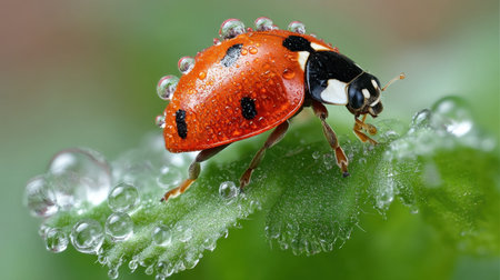 This stunning close-up image showcases a vibrant ladybug perched on a leaf with glistening water droplets, highlighting the beauty of nature.の素材