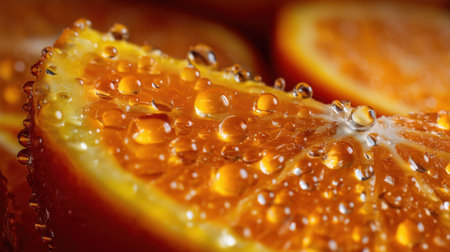 Close-up view of fresh orange slices covered in water droplets, showcasing vibrant colors and textures. Perfect for beverages and healthy food concepts.の素材
