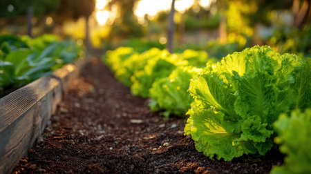 A stunning close-up of fresh green lettuce thriving in a garden bed, showcasing vibrant colors and healthy growth under warm sunlight.の素材
