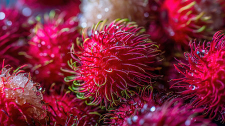Discover the vibrant beauty of rambutan fruits in this close-up image, showcasing their unique textures and colors, perfect for food lovers.の素材