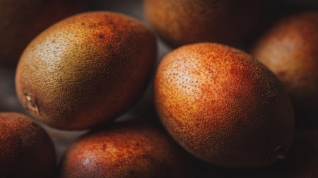 A close-up view of fresh loquat fruits showcasing their rich textures and vibrant colors, perfect for food photography or culinary themes.の素材