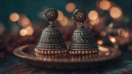 Elegant antique metal earrings displayed on a decorative plate, surrounded by soft bokeh lights. The warm atmosphere enhances the jewelry's intricate design, making it perfect for festive occasions or artistic photography.の素材