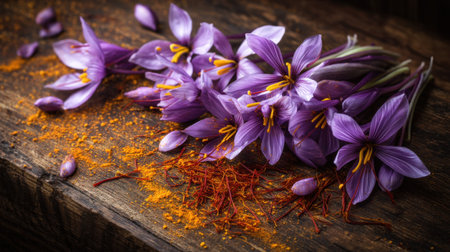A beautiful display of vibrant purple flowers with saffron spices beautifully arranged on a rustic wooden surface, capturing nature's elegance.の素材