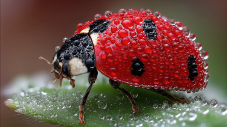 A stunning close-up of a red ladybug adorned with glistening dew drops, resting on a green leaf. This image showcases the intricate details and beauty of nature, making it perfect for nature enthusiasts and photographers.の素材
