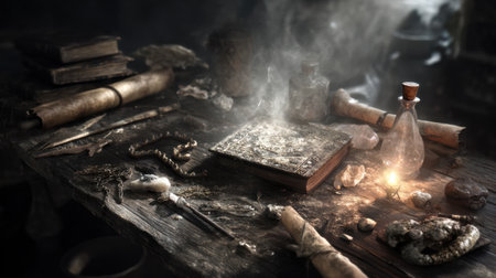 A captivating arrangement of mystical artifacts on a vintage table, featuring a spellbook, candle, and various alchemical tools, surrounded by enchanting light.の素材