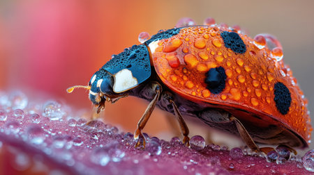 This captivating close-up showcases a ladybug adorned with vibrant colors and water droplets, set against a soft, blurred background.の素材