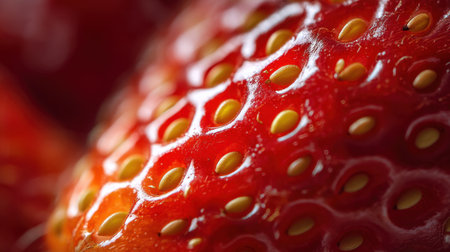 This image showcases a close-up macro view of a fresh bright red strawberry, highlighting its intricate texture and seeds. Perfect for food and health themes.の素材