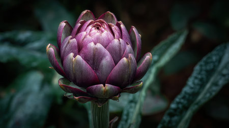 This beautiful image captures a purple artichoke flower with intricate petals and lush green leaves, set against a soft dark background. Perfect for nature lovers.の素材
