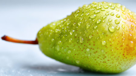 A close-up view of a fresh green pear showcasing droplets of water on its surface, highlighting its juiciness and vibrant texture. Perfect for food and health themes.の素材
