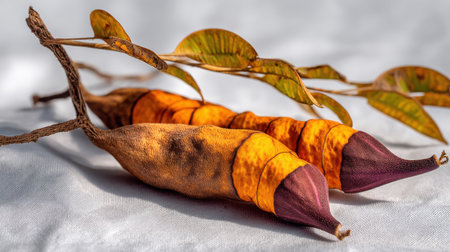 A visually striking close-up of vibrant orange and purple plant pods accompanied by delicate green leaves, set on a soft white fabric. Perfect for nature lovers and organic themes.の素材
