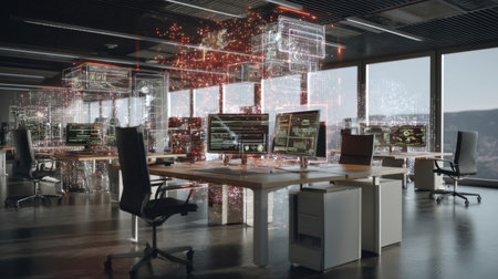 A sleek and modern office interior featuring high-tech digital screens and a panoramic cityscape view, perfect for showcasing a futuristic workplace.の素材