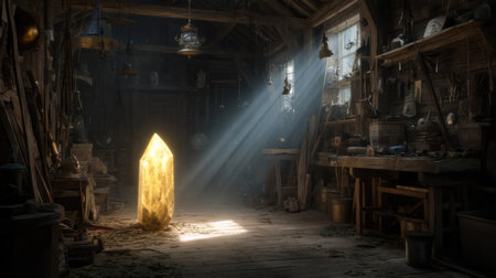A captivating scene featuring a glowing yellow crystal in an enchanting workshop, illuminated by warm sunlight streaming through dusty windows.の素材
