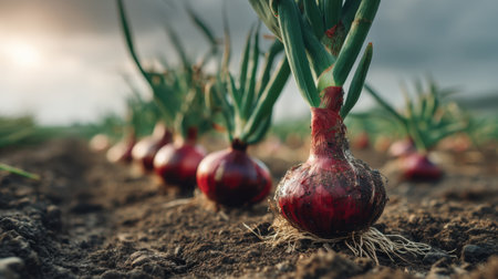 A row of freshly harvested red onions peeks out from the rich, dark soil, showcasing their vibrant colors and healthy green tops against a moody sky.の素材