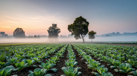 A serene rural scene depicting rows of fresh cabbage under a misty morning sky. The tranquil landscape showcases the beauty of agriculture with a gentle sunrise illuminating the fields.の素材