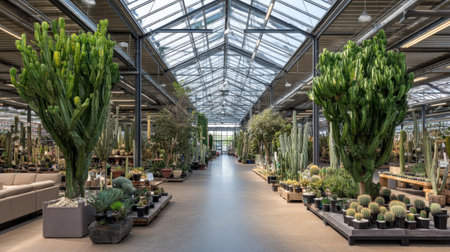 Explore the beauty of a vibrant greenhouse filled with a diverse array of cacti and succulents. Enjoy the serene atmosphere and inviting arrangement of plants, perfect for gardening enthusiasts and nature lovers.の素材