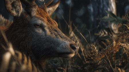 A stunning close-up portrait of a deer in its natural habitat, showcasing the intricate details of its fur and serene surroundings in the forest.の素材