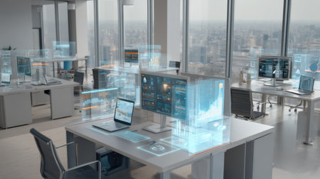 Discover a contemporary office featuring advanced virtual displays and a stunning city skyline view, ideal for technology and innovation themes.の素材