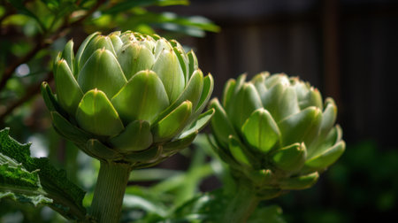 This closeup image showcases fresh artichoke buds growing in a lush garden setting, highlighting the beauty of natural food production and healthy eating.の素材