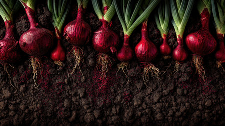 Vibrant red onions with roots, emerging from rich dark soil depicting a fresh harvest, ideal for illustrating organic farming and healthy produce themes.の素材