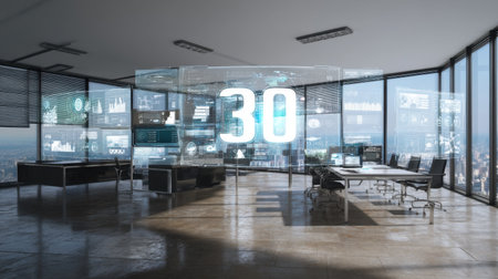 A sleek modern business office featuring large digital screens displaying various data visualizations set against a stunning city skyline.の素材