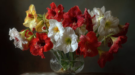 A stunning display of red, white, and yellow amaryllis flowers arranged elegantly in a glass vase, capturing the essence of nature's beauty and serenity.の素材
