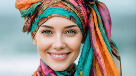 A joyful woman with a colorful headscarf smiles brightly against a serene seaside backdrop, reflecting warmth and individuality in her expression.の素材