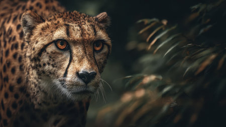 Stunning close-up of a cheetah showcasing its majestic features and intense gaze. Perfect for wildlife enthusiasts and nature photographers alike.の素材