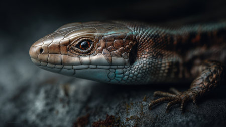This image showcases a close-up view of a colorful lizard, highlighting its intricate textures and patterns while resting on a rock.の素材