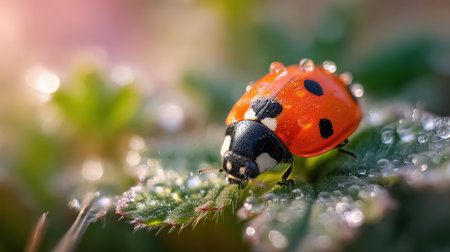 A stunning close-up of a ladybug perched on a green leaf adorned with morning dew, showcasing the intricate details and vibrant colors of nature.の素材