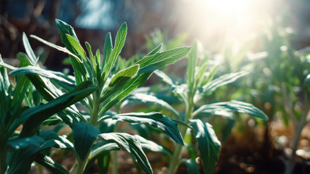 Lush green plant leaves bask in warm sunlight, creating a stunning visual. The background features a dreamy bokeh effect, emphasizing nature's beauty.の素材