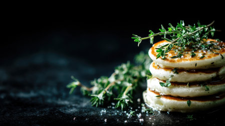 Indulge in this appetizing stack of fluffy pancakes, beautifully garnished with fresh thyme and a sprinkle of sea salt, set against a dark backdrop.の素材