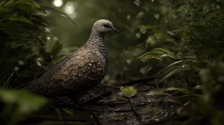 A stunning close-up image of a unique bird perched in a lush green forest, capturing the intricate details of its feathers and natural habitat.の素材