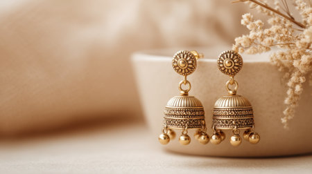 Discover a pair of elegant gold earrings featuring intricate designs and dangling beads, set against a soft background for a stunning visual appeal.の素材