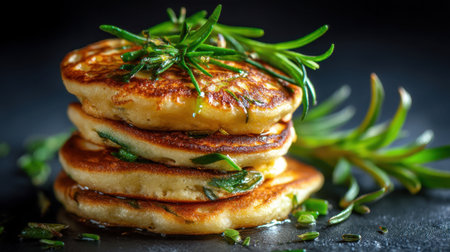 A close-up of freshly made herb pancakes stacked and garnished with green herbs. Perfect for a savory breakfast or brunch experience, these pancakes are a delightful treat.の素材