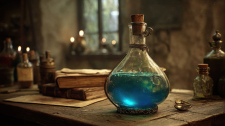 Captivating glass potion bottle filled with blue liquid rests on a rustic wooden table. Surrounded by old books and vintage jars, this enchanting scene evokes a sense of magic and mystery.の素材