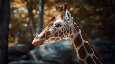 This stunning profile of a giraffe showcases its intricate spots and long neck amid a beautifully blurred natural background, evoking tranquility.の素材