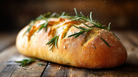 This image showcases a freshly baked rustic bread garnished with rosemary, resting on a wooden table, emitting an inviting aroma. Perfect for culinary inspiration.の素材