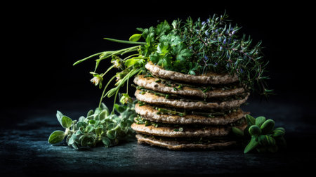A beautiful arrangement of fresh herbs and crispy crackers stacked elegantly on a dark surface, perfect for healthy snacking or culinary presentations.の素材