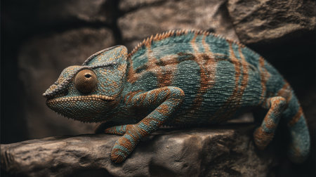 A vivid chameleon displays its striking blue and orange patterns while resting on a rugged stone surface, showcasing its unique textures in a natural setting.の素材