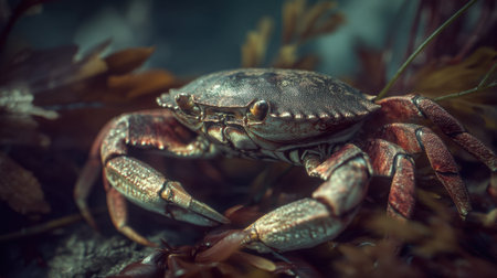This stunning close-up photograph captures a crab elegantly navigating through vibrant seaweed and marine vegetation, highlighting intricate details of its shell and claws.の素材