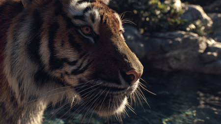 A captivating close-up photograph of a tiger showcasing its striking features and intense gaze, set against a serene water backdrop in its natural habitat.の素材
