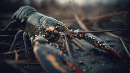 A stunning close-up view of a lobster showcasing intricate details of its claws and shell, highlighting the textures and colors in natural light.の素材