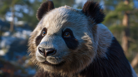 This charming close-up features a giant panda with its expressive eyes and fluffy fur, set against a lush green background in a serene environment.の素材