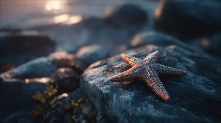A stunning close-up image features a vibrant starfish resting on wet rocks, illuminated by a gentle sunrise. This scene captures the beauty of marine life and the peaceful coastal environment, perfect for nature lovers and beach enthusiasts.の素材