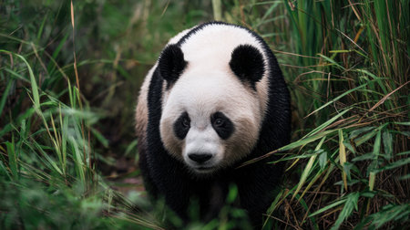 A close-up view of a majestic giant panda emerging from its lush green surroundings, showcasing its adorable features and natural habitat.の素材