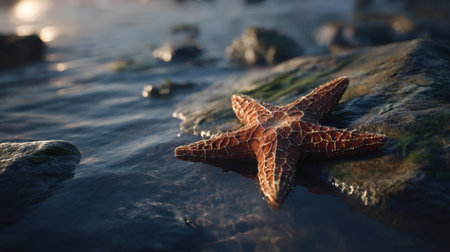 A beautiful starfish rests on a wet rock at the shore, surrounded by gentle water movement, showcasing the vibrant colors of nature.の素材