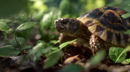 A detailed close-up of a turtle foraging through lush green leaves in a serene forest, showcasing its unique shell and natural habitat.の素材