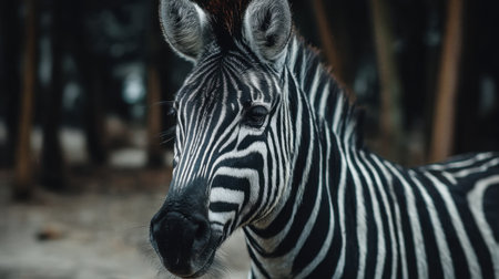 This stunning close-up photograph features a zebra showcasing its unique black and white stripes. Set in a serene natural habitat, this majestic animal highlights the beauty of wildlife in its tranquil environment.の素材
