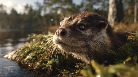 This captivating image showcases a curious otter peering from its habitat by the water's edge, highlighting the beauty of nature and wildlife.の素材